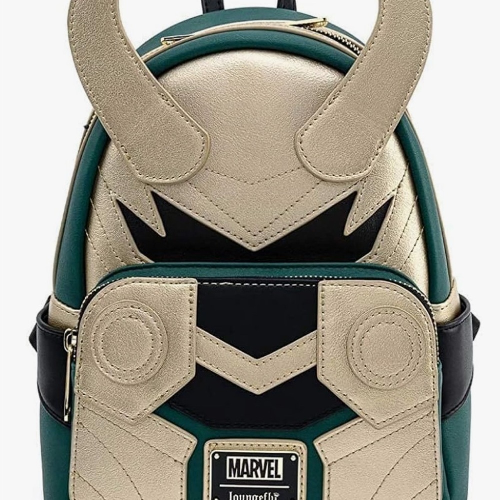 Loungefly Green, Gold and Black Loki Mini Backpack, Metal Emblem